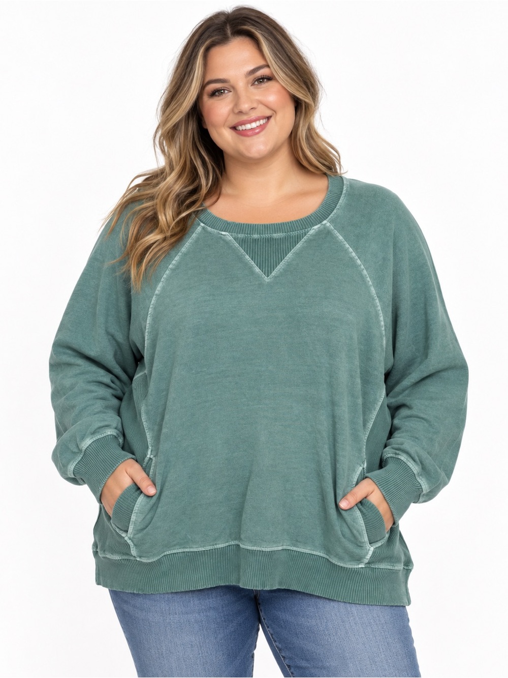 ZENANA Women’s Sage Green Oversized Long Sleeve Pocket Top Size 1X